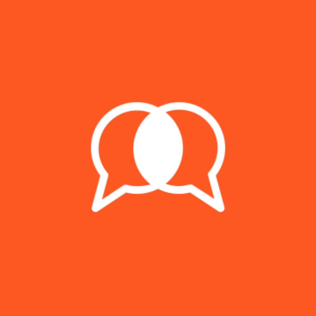 An icon of two speech bubbles on an orange background