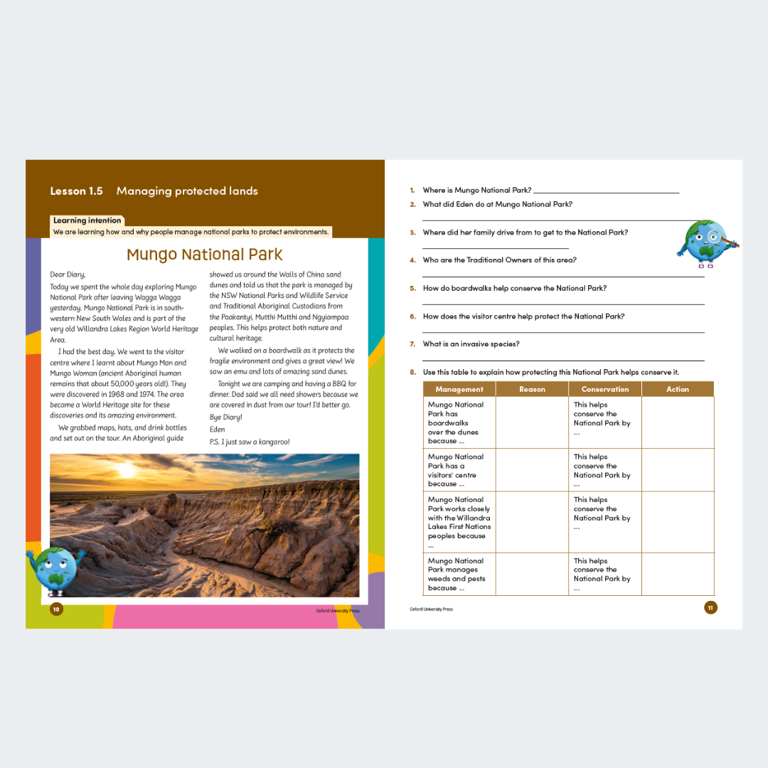 An open spread of Oxford Connections Year 4 student workbook, showing a diary entry about Mungo Man, alongisde some questions